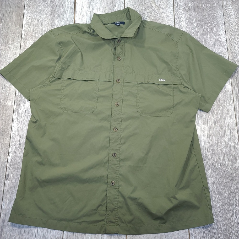 Tilley Tech Button Shirt Mens XXL Olive Green Vented Back Hiking Outdoor Travel